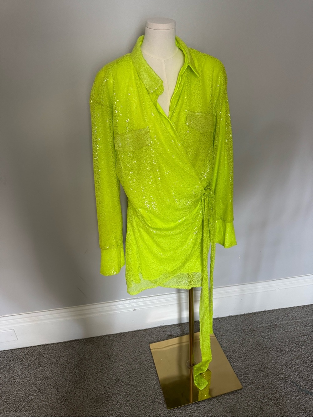 Boohoo Neon Lime Sequin Tie-Waist Wrap dress/Shirt